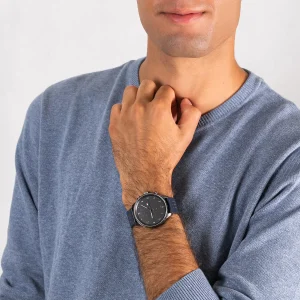 1791578 tommy hilfiger watch 5atm 165 feet water resistant men gray dial leather blue strap quartz battery analog three hand chase 10