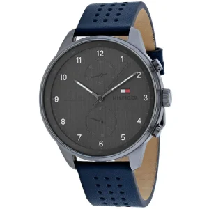 1791578 tommy hilfiger watch 5atm 165 feet water resistant men gray dial leather blue strap quartz battery analog three hand chase 2