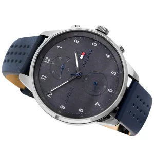 1791578 tommy hilfiger watch 5atm 165 feet water resistant men gray dial leather blue strap quartz battery analog three hand chase 5