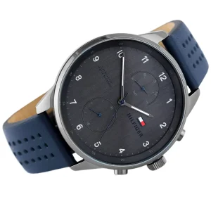 1791578 tommy hilfiger watch 5atm 165 feet water resistant men gray dial leather blue strap quartz battery analog three hand chase 6