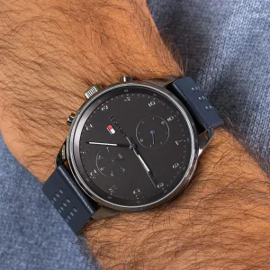 1791578 tommy hilfiger watch 5atm 165 feet water resistant men gray dial leather blue strap quartz battery analog three hand chase 8