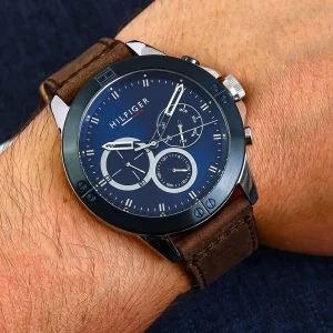 1791895 tommy hilfiger watch men blue dial leather brown strap quartz battery analog harley 14