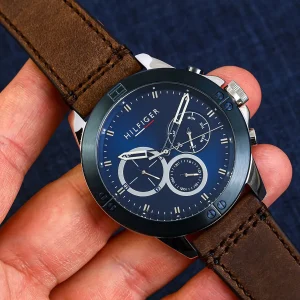1791895 tommy hilfiger watch men blue dial leather brown strap quartz battery analog harley 15