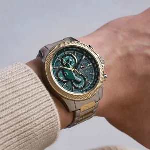 1792079 tommy hilfiger watch men green dial metal stainless steel silver gold strap quartz battery analog clark 5