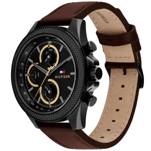 1792164 tommy hilfiger watch men black dial leather brown strap quartz analog clark 2