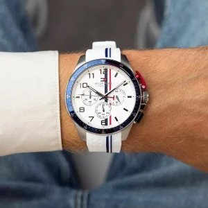 1792167 tommy hilfiger watch chronograph men white dial rubber strap quartz analog bank 5