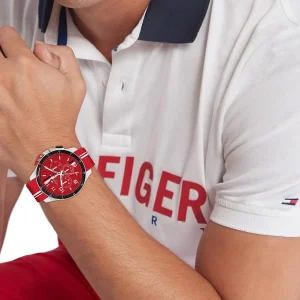 1792170 tommy hilfiger watch chronograph men red dial rubber strap quartz analog bank 4