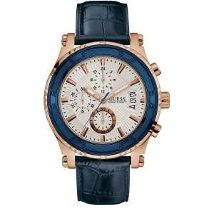 Montre Guess Pinnacle W0673G6 homme – vue de face, cadran bleu, blanc, bracelet cuir – Maroc