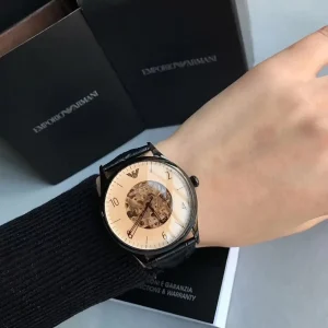 ar1923 emporio armani watch meccanico men brown dial leather black strap automatic analog beta large 9