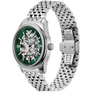 ar60091 emporio armani watch automatic men skeleton green dial metal stainless steel silver strap analog antonio 3