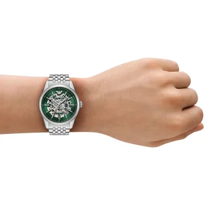 ar60091 emporio armani watch automatic men skeleton green dial metal stainless steel silver strap analog antonio 7