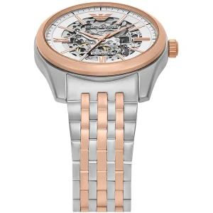 ar60092 emporio armani watch automatic two tone men skeleton white dial metal stainless steel silver rose gold strap analog antonio 2