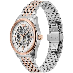 ar60092 emporio armani watch automatic two tone men skeleton white dial metal stainless steel silver rose gold strap analog antonio 3
