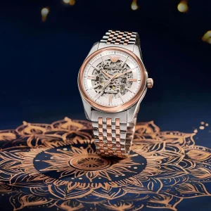 ar60092 emporio armani watch automatic two tone men skeleton white dial metal stainless steel silver rose gold strap analog antonio 7