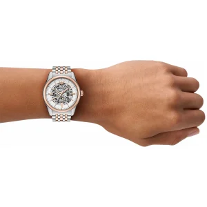 ar60092 emporio armani watch automatic two tone men skeleton white dial metal stainless steel silver rose gold strap analog antonio 8