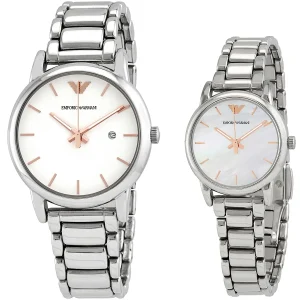 ar90000 emporio armani watch unisex gift set couples watch white dial stainless steel metal silver strap quartz battery analog 2