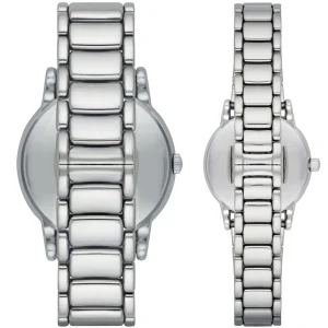 ar90000 emporio armani watch unisex gift set couples watch white dial stainless steel metal silver strap quartz battery analog 3