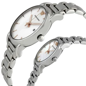 ar90000 emporio armani watch unisex gift set couples watch white dial stainless steel metal silver strap quartz battery analog 4