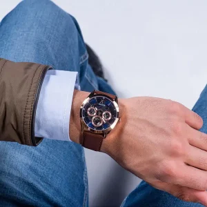 gw0389g3 guess watch men blue dial leather brown strap quartz battery analog tailor 11