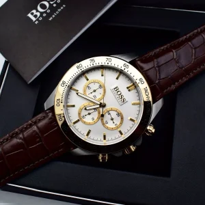 1513174 hugo boss watch men silver dial leather brown strap quartz battery analog three hand ikon 7