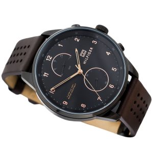 1791577 tommy hilfiger watch men black dial leather strap quartz battery analog monthly weekly date chase 7