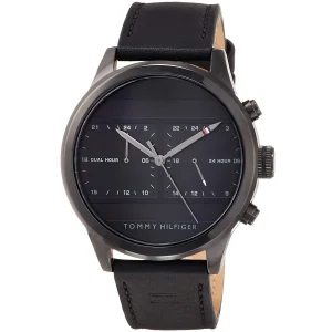 1791595 tommy hilfiger watch men dual time black dial leather strap quartz battery analog icon 2