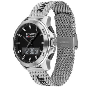 1791765 tommy hilfiger watch men black dial stainless steel metal silver mesh strap quartz digital analog dual time jeans 3
