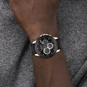 1791894 tommy hilfiger watch men black dial leather strap quartz battery analog harley 7