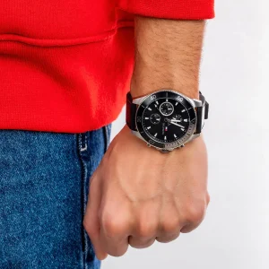 1791984 tommy hilfiger watch men black dial leather strap quartz battery analog larson 6