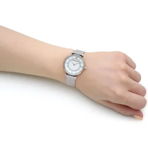 ar11319 emporio armani watch women mother of pearl crystals white dial mesh stainless steel metal silver strap quartz battery analog gianni t bar 11