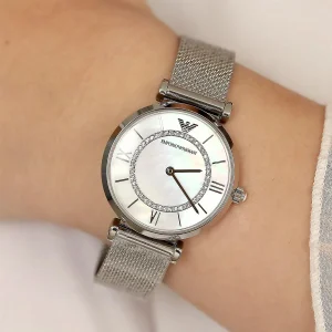 ar11319 emporio armani watch women mother of pearl crystals white dial mesh stainless steel metal silver strap quartz battery analog gianni t bar 12