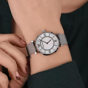 ar11319 emporio armani watch women mother of pearl crystals white dial mesh stainless steel metal silver strap quartz battery analog gianni t bar 13