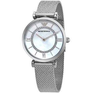 ar11319 emporio armani watch women mother of pearl crystals white dial mesh stainless steel metal silver strap quartz battery analog gianni t bar 2