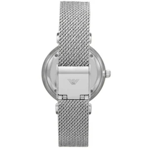 ar11319 emporio armani watch women mother of pearl crystals white dial mesh stainless steel metal silver strap quartz battery analog gianni t bar 3