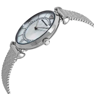 ar11319 emporio armani watch women mother of pearl crystals white dial mesh stainless steel metal silver strap quartz battery analog gianni t bar 4