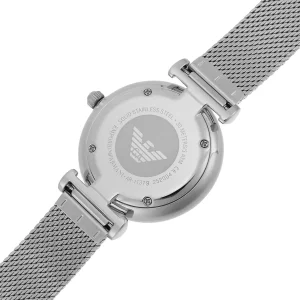 ar11319 emporio armani watch women mother of pearl crystals white dial mesh stainless steel metal silver strap quartz battery analog gianni t bar 6
