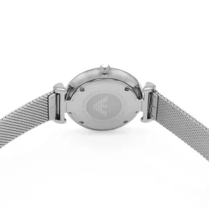 ar11319 emporio armani watch women mother of pearl crystals white dial mesh stainless steel metal silver strap quartz battery analog gianni t bar 7