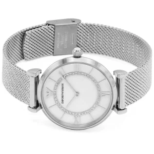 ar11319 emporio armani watch women mother of pearl crystals white dial mesh stainless steel metal silver strap quartz battery analog gianni t bar 8