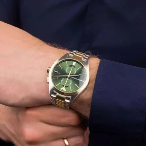 ar11511 emporio armani watch men green dial stainless steel metal silver gold strap quartz battery analog chronograph 12