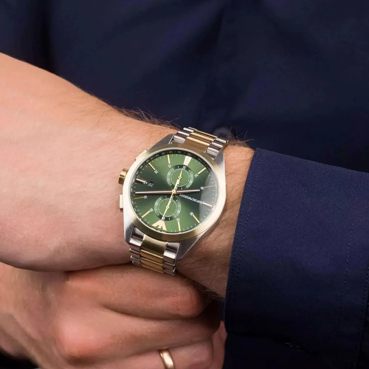 ar11511 emporio armani watch men green dial stainless steel metal silver gold strap quartz battery analog chronograph 12 ar11511 emporio armani watch men green dial stainless steel metal silver gold strap quartz battery analog chronograph 12