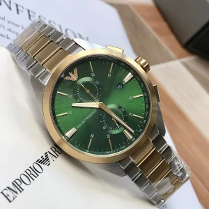 ar11511 emporio armani watch men green dial stainless steel metal silver gold strap quartz battery analog chronograph 9
