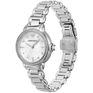 ar11596 emporio armani watch women mother of pearl crystals white dial metal stainless steel silver strap quartz analog mia 2