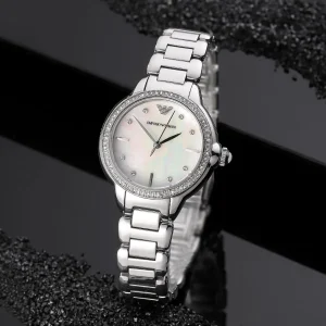 ar11596 emporio armani watch women mother of pearl crystals white dial metal stainless steel silver strap quartz analog mia 8