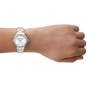 ar11596 emporio armani watch women mother of pearl crystals white dial metal stainless steel silver strap quartz analog mia 9