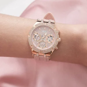 gw0407l3 guess watch women crystals rose gold dial rubber pink strap quartz battery analog three hand heiress 10