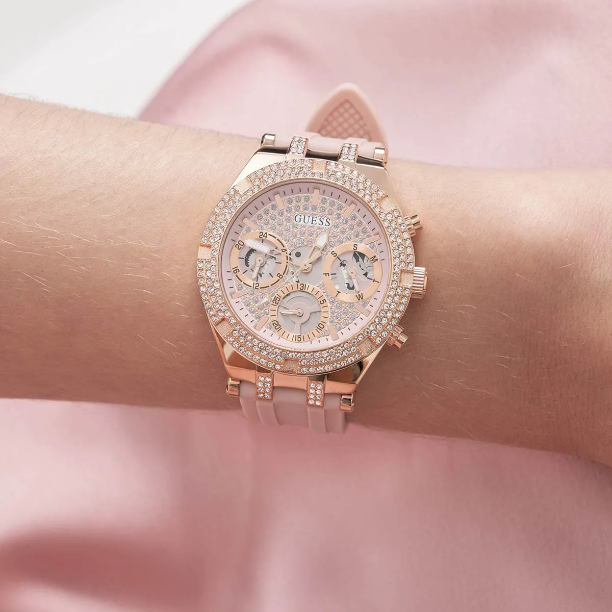 gw0407l3 guess watch women crystals rose gold dial rubber pink strap quartz battery analog three hand heiress 10 gw0407l3 guess watch women crystals rose gold dial rubber pink strap quartz battery analog three hand heiress 10