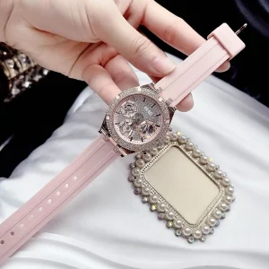 gw0407l3 guess watch women crystals rose gold dial rubber pink strap quartz battery analog three hand heiress 11