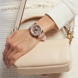 gw0407l3 guess watch women crystals rose gold dial rubber pink strap quartz battery analog three hand heiress 12