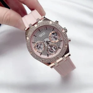 gw0407l3 guess watch women crystals rose gold dial rubber pink strap quartz battery analog three hand heiress 13