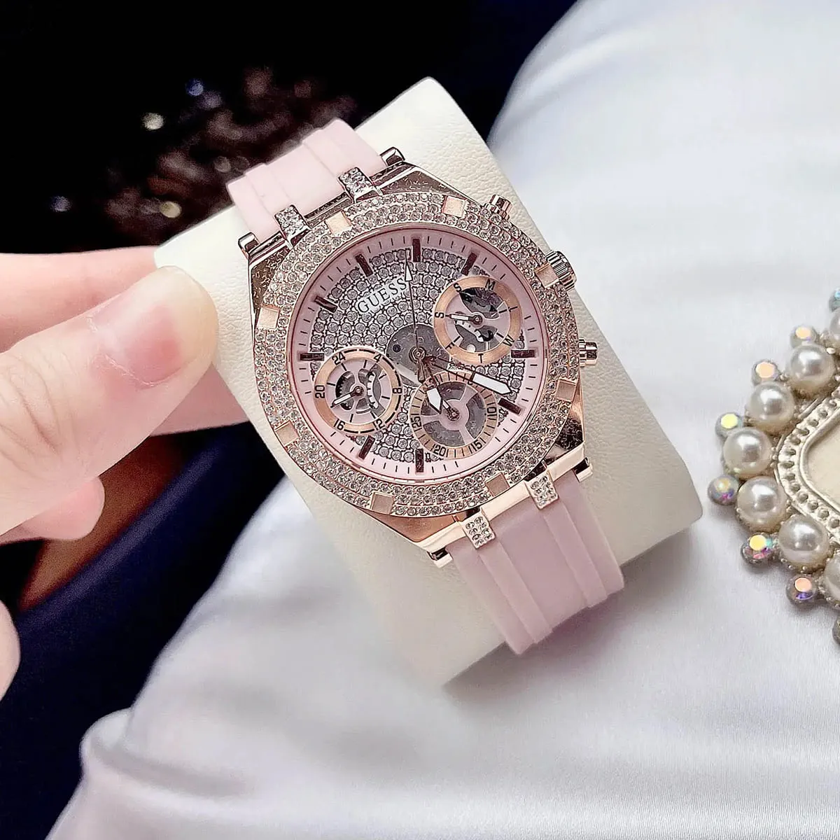 gw0407l3 guess watch women crystals rose gold dial rubber pink strap quartz battery analog three hand heiress 14 gw0407l3 guess watch women crystals rose gold dial rubber pink strap quartz battery analog three hand heiress 14